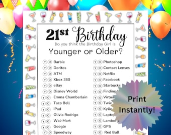 Printable 21st Birthday Younger or Older Game, Drunk Games, 21st Drinking Games, Birthday Games for Her, Alcohol Games, Birthday Party, PDF