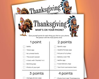 Was ist auf Ihrem Telefon Thanksgiving Spiel, Sofortiger Download Thanksgiving Dinner Party Spiel, druckbare Friendsgiving Spiel, Türkei Tag Partyspiel