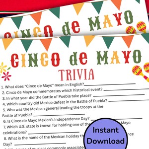 Juego de trivia imprimible Cinco De Mayo, Juego de fiesta Cinco De Mayo para niños y adultos, Actividad del 5 de mayo, Idea de fiesta Cinco De Mayo, Juego de preguntas