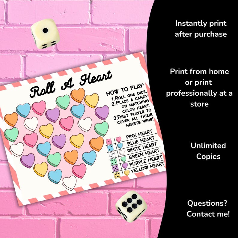 Roll A Heart Valentine Game for Kids Instant Download, Printable Candy ...