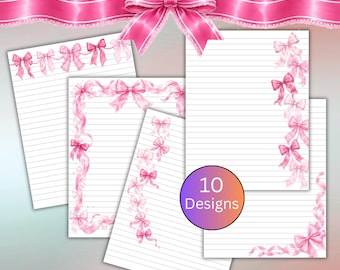 Printable Pink Bow Lined Paper Bundle, Coquette Stationery Pages, Writing Paper For Journal