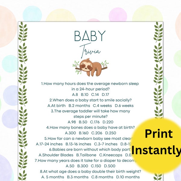 Printable Sloth Baby Shower Baby Trivia and Answer Key Unisex for Boy or Girl, Baby Shower Ideas, Baby Sloth Printable PDF Game