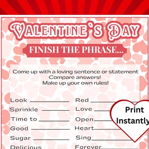 Printable Valentine&#39;s Day Finish The Phrase Game for Kids & Adults, Valentine&#39;s Party Activity, Galentine&#39;s Game, Student Classroom Activity