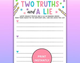 Two Truths & A Lie Birthday Game For Girls Instant Download, Printable Teen Birthday Party Game, Tween Girl Birthday Activity