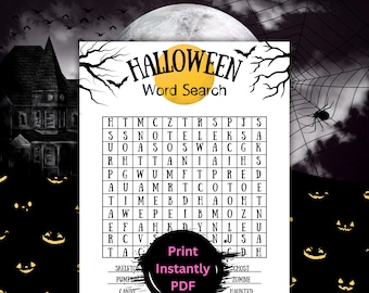 以下が含まれることがあります： クモの巣と月の白黒イラストが描かれた、印刷可能なハロウィンの単語検索パズル。パズルには、「スケルトン」、「パンプキン」、「キャンディー」、「ゴースト」、「ゾンビ」、「ハントゥド」などの単語が含まれています。