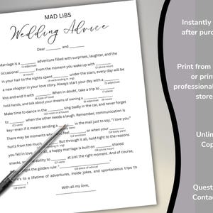 May include: A white sheet of paper with the text "MAD LIBS Wedding Advice" in black script. The sheet has fill-in-the-blank prompts and is accompanied by a black pen. The image also includes text on the right side: "Instantly print after purchase."