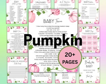 Little Girl Pink Pumpkin Baby Shower Games Bundle, October Fall Party Activities & Signs