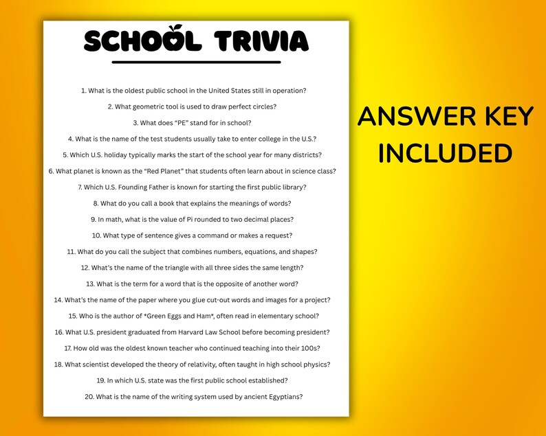 Basic School Trivia School Trivia Game, Printable Quiz for Kids and Teachers, Classroom ...