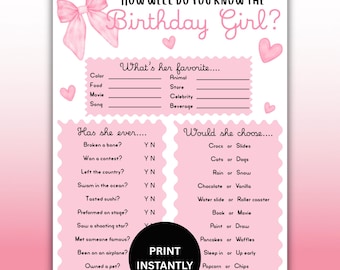 Who Knows The Birthday Girl Best Pink Bow & Hearts Party Quiz, Printable Sweet 16 Game For Girls, How Well Do You Know Her Icebreaker
