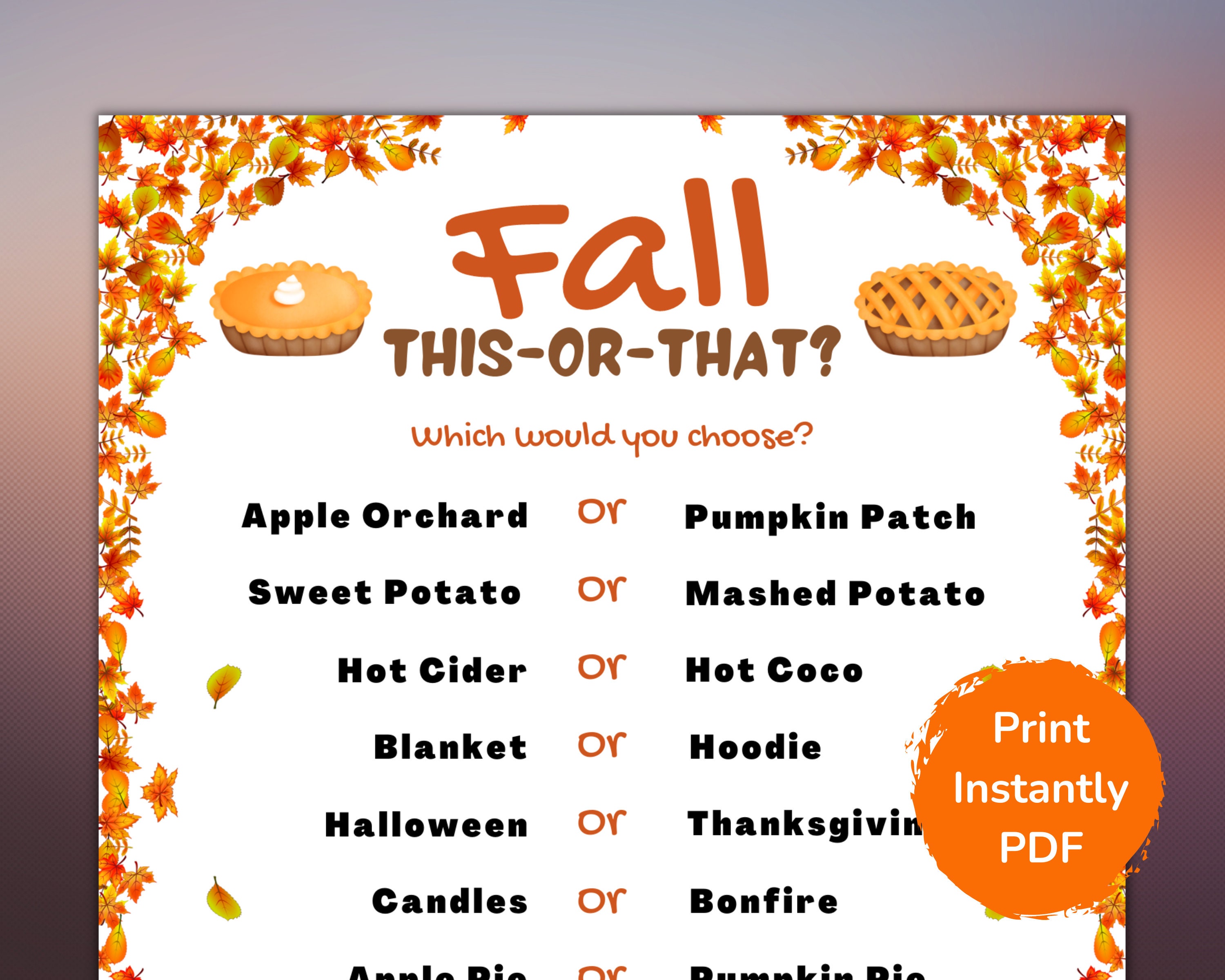 Autumn This Or That Game | Fall This Or That | Fall A-Z Game | Printable Fall Game | Fall Activity | Fall Games for Kids | Classroom Games