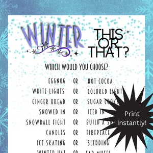 Printable Winter This or That Game, Would You Rather, Winter Game for Kids and Adults, School Classroom Winter Game, Winter Season Game PDF