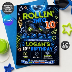 May include: A 5x7 inch birthday invitation template featuring a pair of black roller skates with green stripes, a disco ball, and neon-colored stars, music notes, and lightning bolts on a dark background with the text Rollin' into 10 Logan's 10th Birthday.