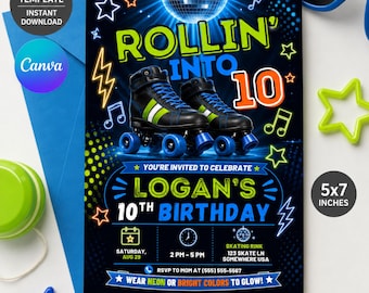 Editable Roller Skating Invitation For Boys Birthday Party, Printable Invite Template, Skate Night