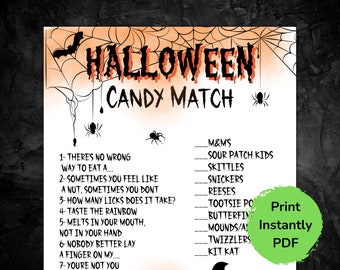 Könnte beinhalten: Ein druckbares Halloween-Bonbon-Matching-Spiel mit einem Spinnennetz-Hintergrund und einer Liste von Bonbonnamen. Das Spiel enthält Hinweise wie "Es gibt keine falsche Art, ein ... zu essen" und "Schmilzt im Mund, nicht in der Hand".