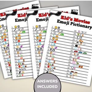 Peut inclure: Plusieurs feuilles de "Kid's Movies Emoji Pictionary" avec des indices d'emoji et des lignes num&eacute;rot&eacute;es. Le titre est en rouge et noir, avec un graphisme de bande de film. Les mots "Answers Included" sont dans un cercle en bas.