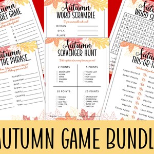 May include: A set of printable autumn-themed game cards. The cards feature a variety of games, including an alphabet game, a word scramble, a scavenger hunt, and a this-or-that game. The cards are decorated with autumn leaves in shades of orange, red, and yellow.