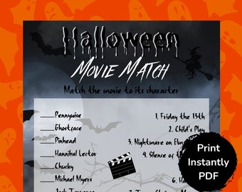 Halloween Movie Match, Movie Trivia, Halloween Movie Quiz, Printable Halloween Games, Instant Download Game, Games for Kids adults and teens