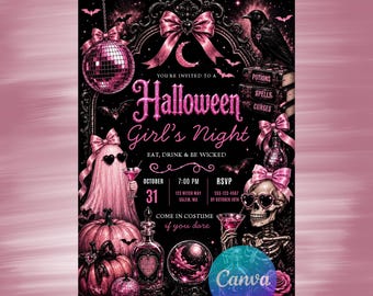 Editable Pink Bow Halloween Invitation, Girls Night Party Invite, Ghost, Skeleton