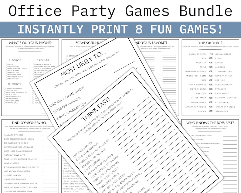 Office Party Games Bundle Printable Games for Work Team Building Icebreaker Games Simple Happy