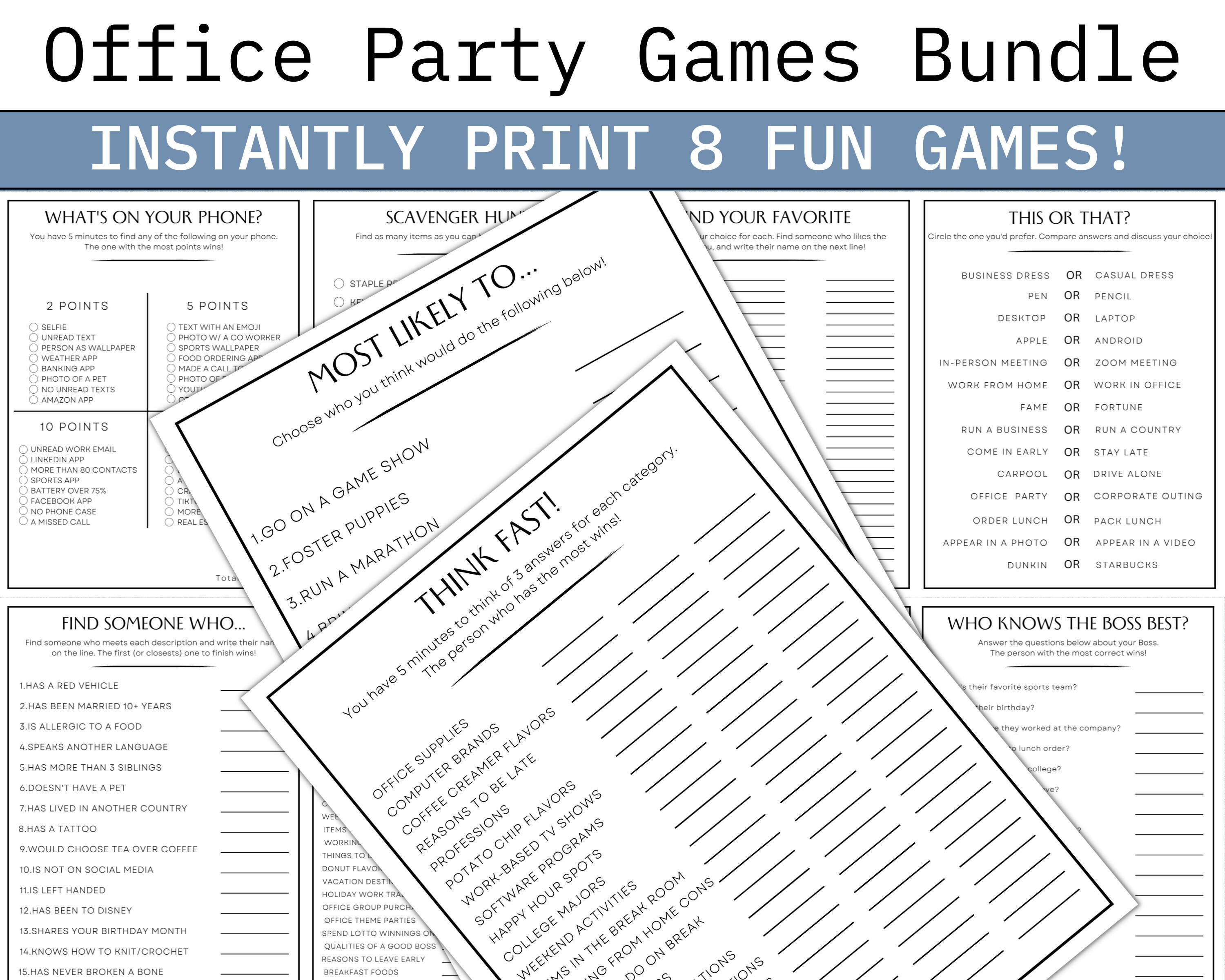 Office Party Games Bundle Printable Games for Work Team Building