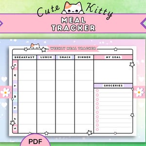 Printable Cute Kitty Meal Tracker, Digital Download Weekly Food Log, Nutrition Planner Kawaii Cat Design, Diet Log, Kids Healthy Choices
