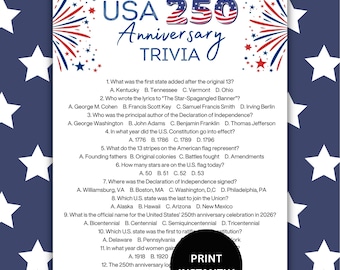 250th USA Anniversary Trivia Game Instant Download, Printable 4th of July Quiz, Patriotic Birthday
