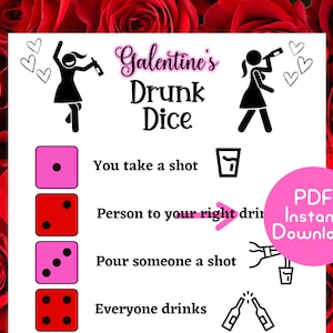 Galentine&#39;s Drunk Dice Party Game, Virtual Drinking Game, Adult Party Games, Ladies Night Games, Games for Adults, Valentine&#39;s Drunk Dice