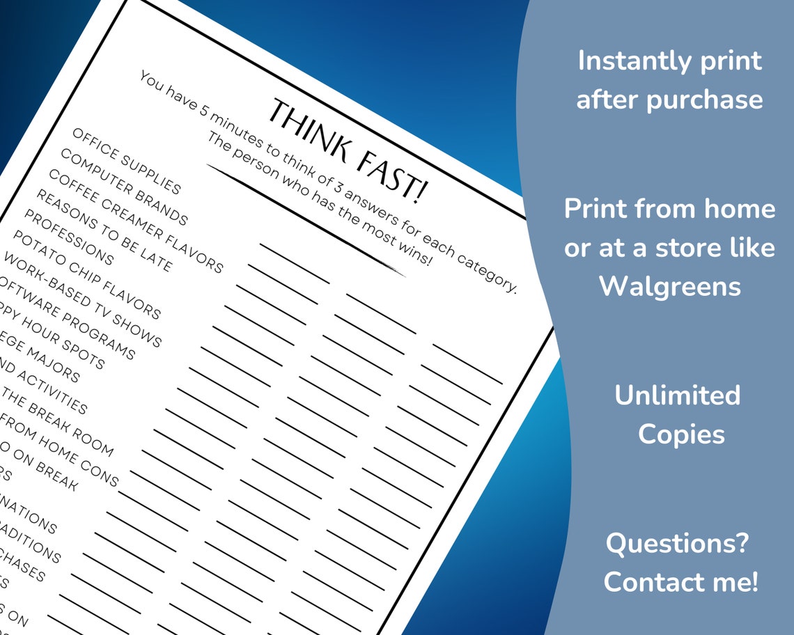 Think Fast Office Party Game, Team Building Game for Employees, Office