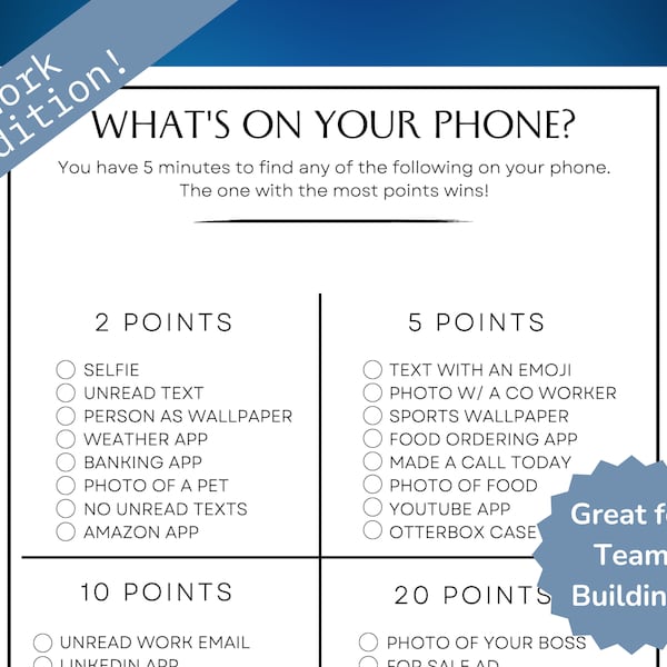 Office Party Game, What's on your phone?, Team Building Game, Work Game, Get to Know Me, Work Activities, Work Icebreaker Game, Work Party