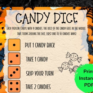 Süßigkeits-Würfelspiel, Halloween-Partyspiele, Süßigkeitsspiel, Kinderspiele, Büro-Partyspiele, Halloween zum Ausdrucken, Süßigkeitsspiel für Kinder und Erwachsene