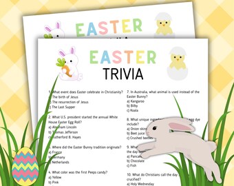 May include: A printable Easter trivia game with questions about the holiday. The game features illustrations of bunnies and chicks.