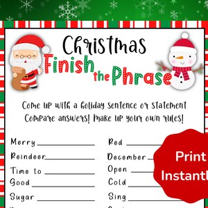 Christmas Finish the Phrase Game, Christmas Eve Game for Kids & Adults, Holiday Party Game, Office party Game, Christmas Classroom Activity