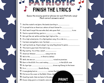 Patriotic Song Quiz, Printable 4th of July Activity, Memorial Day Trivia, Labor Day Game Instant Download