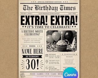 Editable Newspaper Birthday Party Invitation Announcement Template, Printable Headline Invite