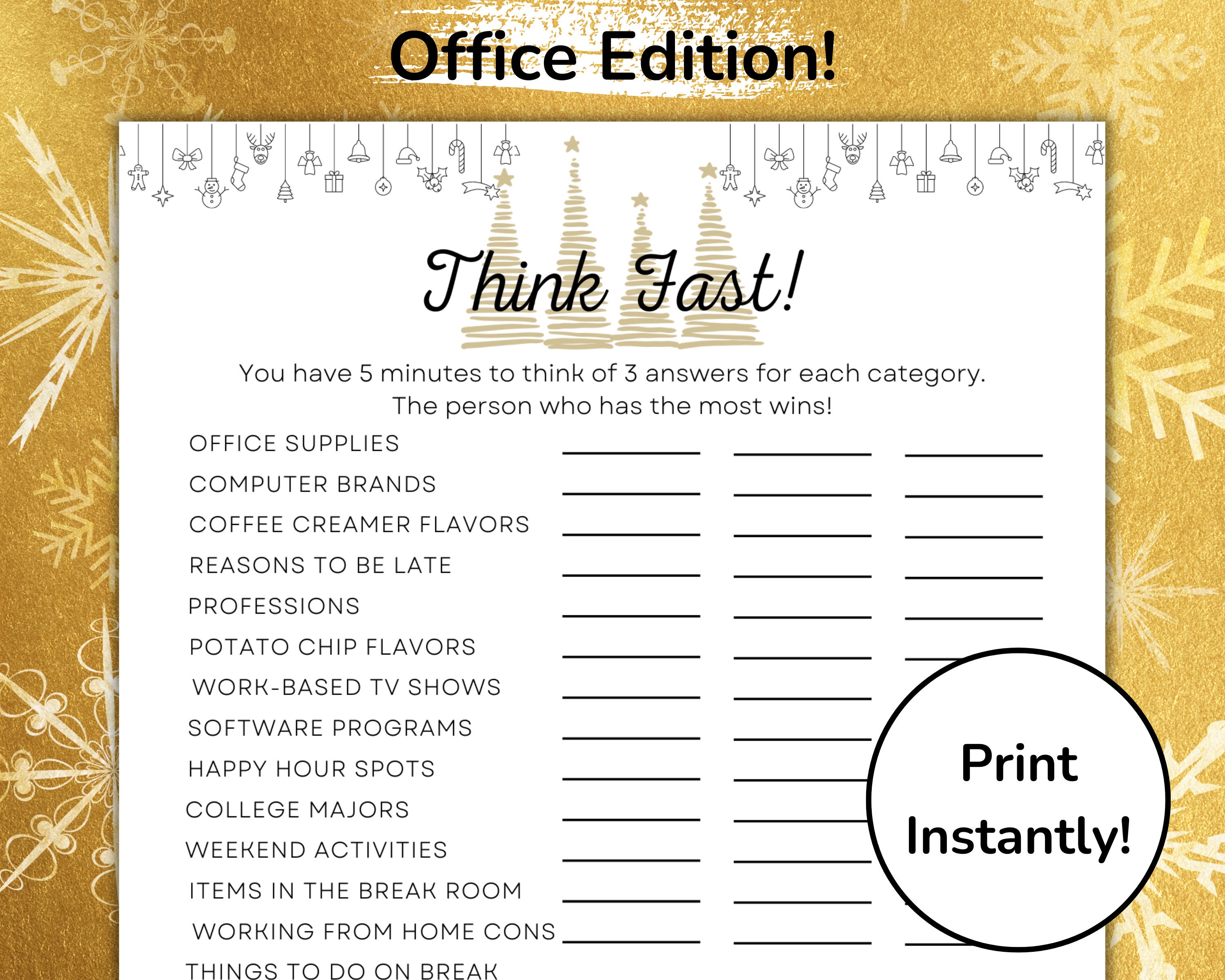 Christmas Think Fast Game, Holiday Office Party Work Game, Team