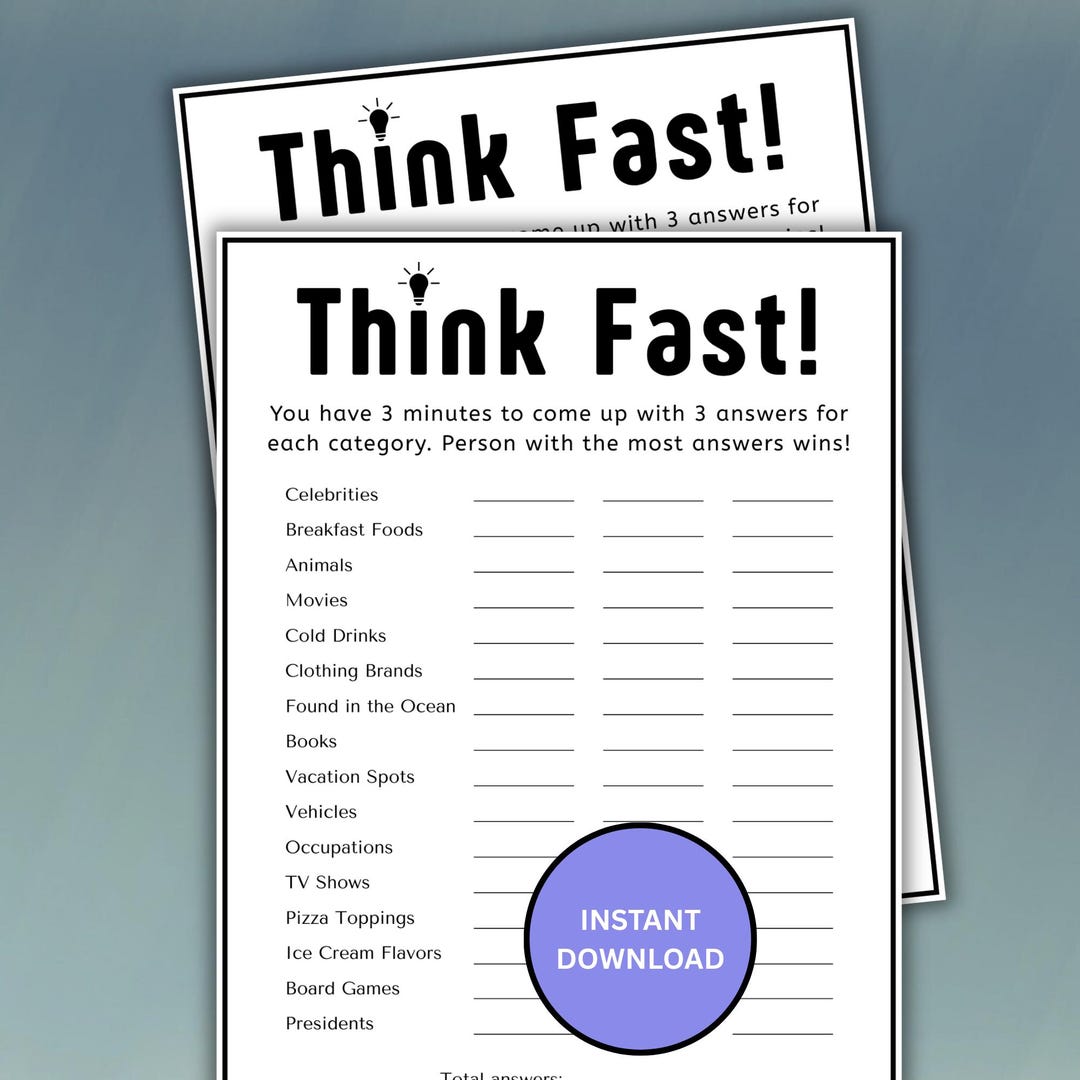 Think Fast Worksheet.pdf Think Fast Party Game Instant Download, Printable Game Night Activity ...