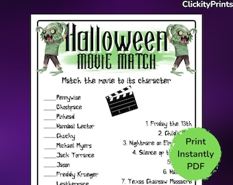 Halloween Party Movie Match game, Halloween scary movie trivia, Villain Match game, Halloween Party games, Printable Halloween game PDF
