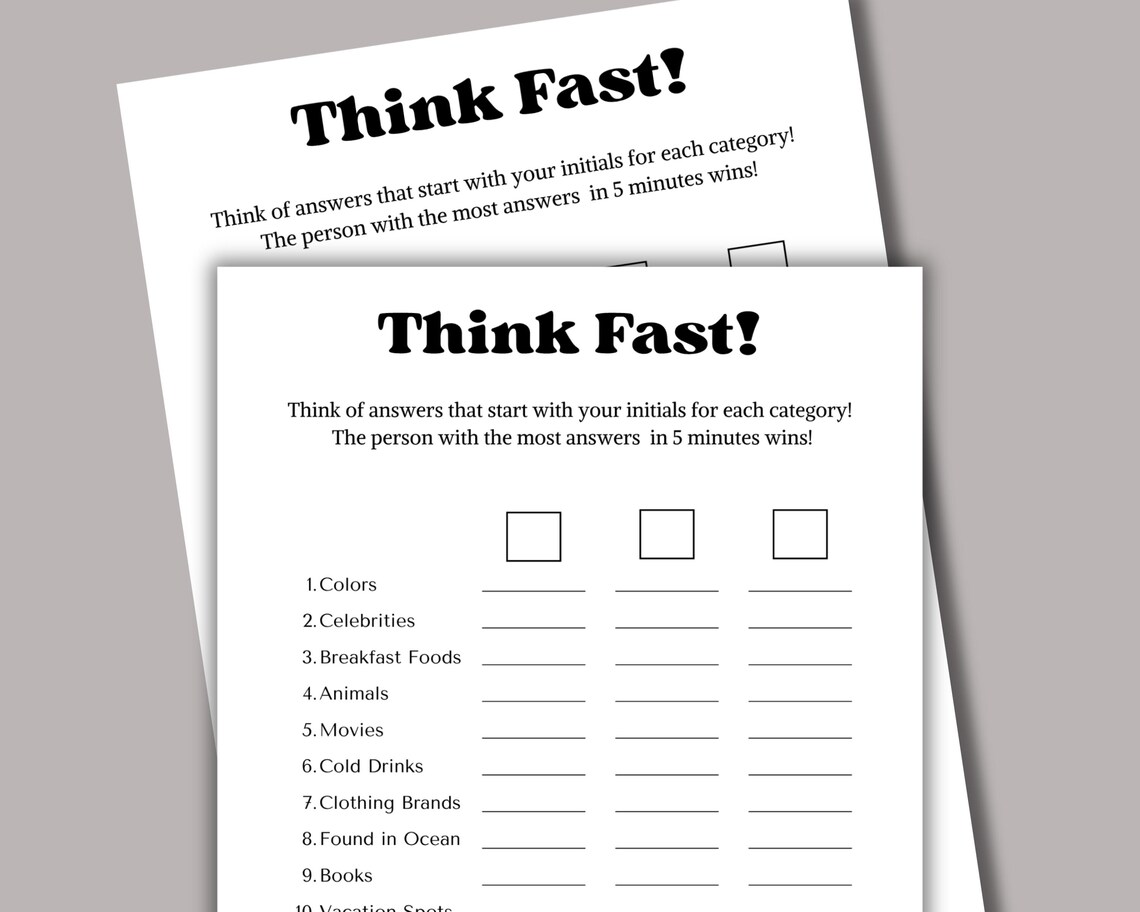 Think Fast Game, Printable Group Game, Party Game, Office Game ...