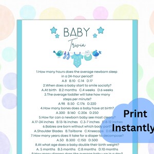 Boy Baby Shower Printable Baby Trivia Game & Answer Key, Blue Baby Shower Games, Baby clothesline with Birds and Stars, Instant Download PDF
