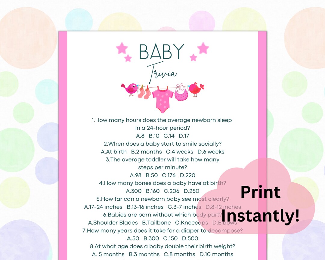 Girl Baby Shower Printable Baby Trivia & Answer Key, Pink Baby Shower