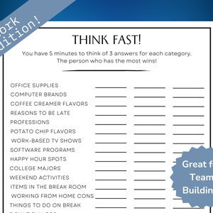 Think Fast Office Party Game, Team Building Game for Employees, Office Party Idea, Work Office Icebreaker Game, Printable Office Game PDF