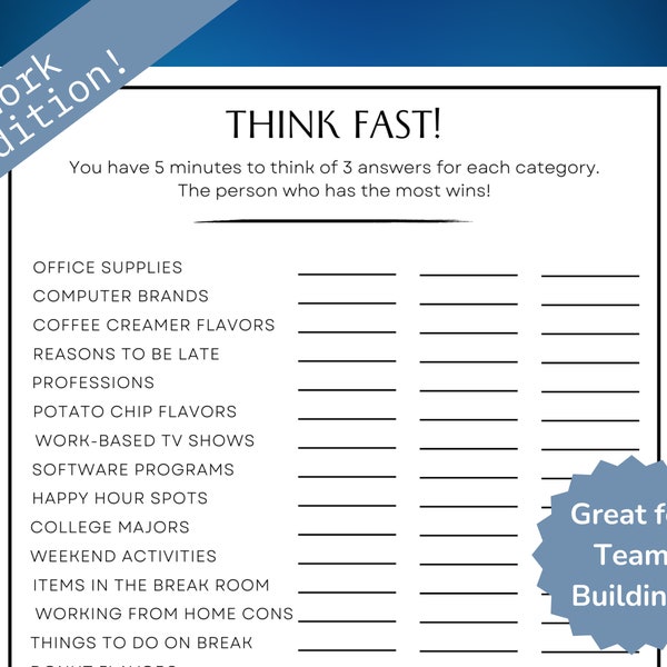 Think Fast Office Party Game, Team Building Game for Employees, Office Party Idea, Work Office Icebreaker Game, Printable Office Game PDF