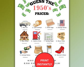 Guess The Price 1950's Game For Seniors Instant Download, Printable Trivia For Old People, Assisted Living Activity, Retirement Game