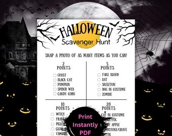 May include: A printable Halloween scavenger hunt game card with a black and white design. The card has a list of Halloween-themed items to find, with points assigned to each item. The card also includes the text "Print Instantly PDF".