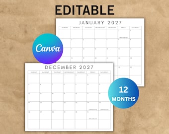 2027 Editable 12 Month Simple Plain White Calendar, Printable Wall Calendar For Kids & Adults, Blank Calendar Template, Canva editable
