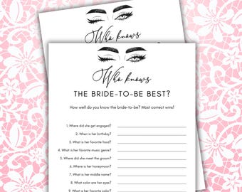 May include: Two white cards with the text "Who knows THE BRIDE-TO-BE BEST?" and a list of questions. The cards have a black script font and a drawing of eyelashes and eyebrows. The background is a pink floral lace pattern.