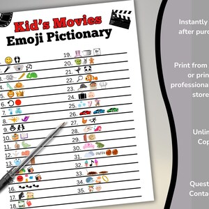 Peut inclure: Une feuille blanche imprimable intitul&eacute;e "Kid's Movies Emoji Pictionary" avec une liste d'indices de films bas&eacute;s sur des emojis. Un stylo noir pointe vers la liste. La feuille comprend le texte "Imprimez instantan&eacute;ment apr&egrave;s l'achat" et "Copies illimit&eacute;es".