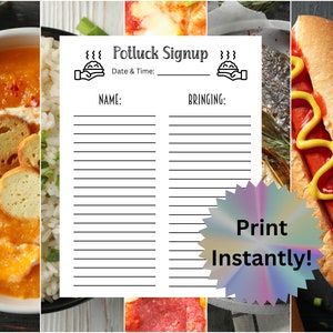 Puede incluir: Hoja de inscripción para un potluck imprimible con un diseño en blanco y negro. La hoja tiene dos columnas etiquetadas como "Nombre" y "Traer". La hoja también tiene un título que dice "Potluck Signup" y un espacio para la fecha y la hora. La hoja tiene un diseño en blanco y negro de un plato con comida. La hoja también tiene una pegatina de estrella colorida que dice "¡Imprimir instantáneamente!"