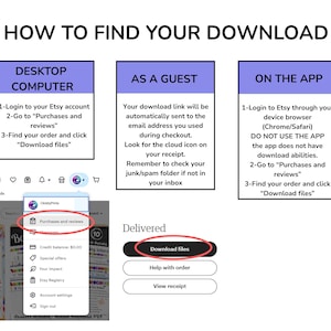 May include: A white graphic with instructions on how to download files from Etsy. The text includes steps for desktop, guest, and app users, with screenshots and highlighted sections like "Purchases and reviews" and "Download files."
