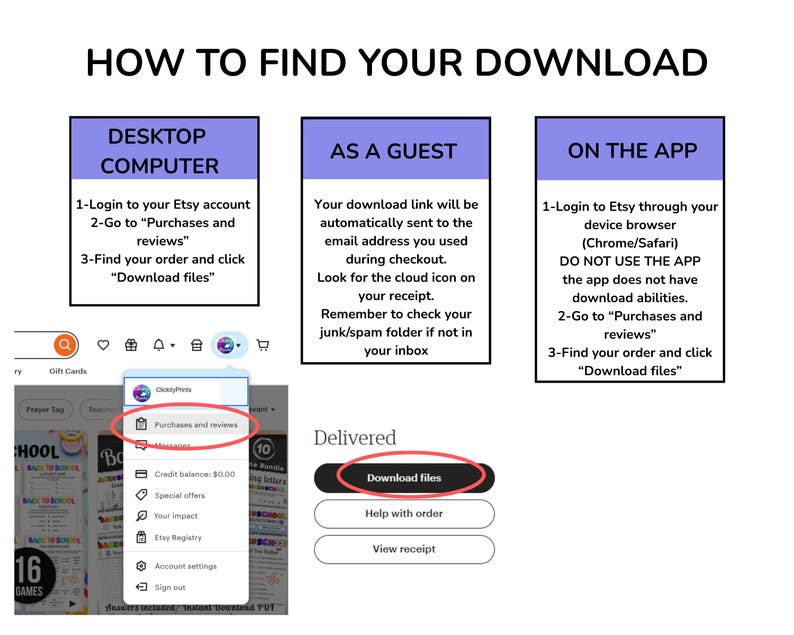 May include: A white graphic with instructions on how to download files from Etsy. The text includes steps for desktop, guest, and app users, with screenshots and highlighted sections like "Purchases and reviews" and "Download files."